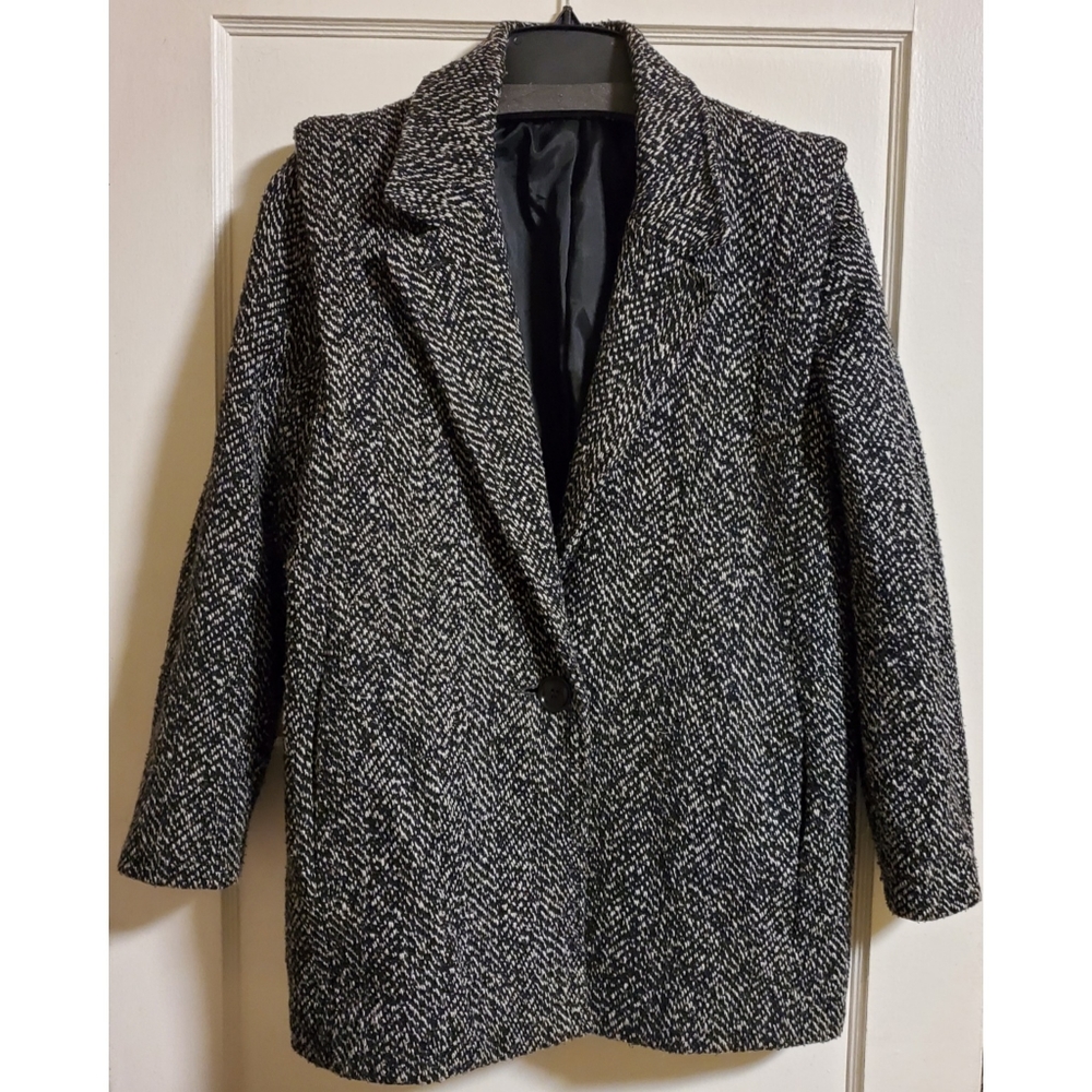 Vintage 80's Wool Blend Tweed Look Black White Coat